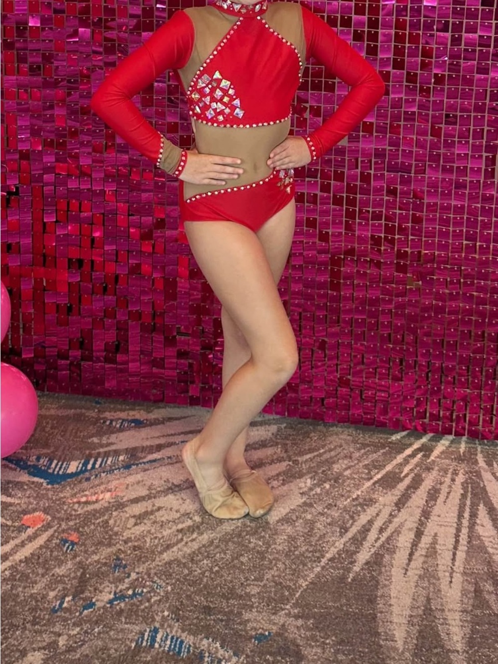 Red Kids Dance Costume with Rhinestone Accents